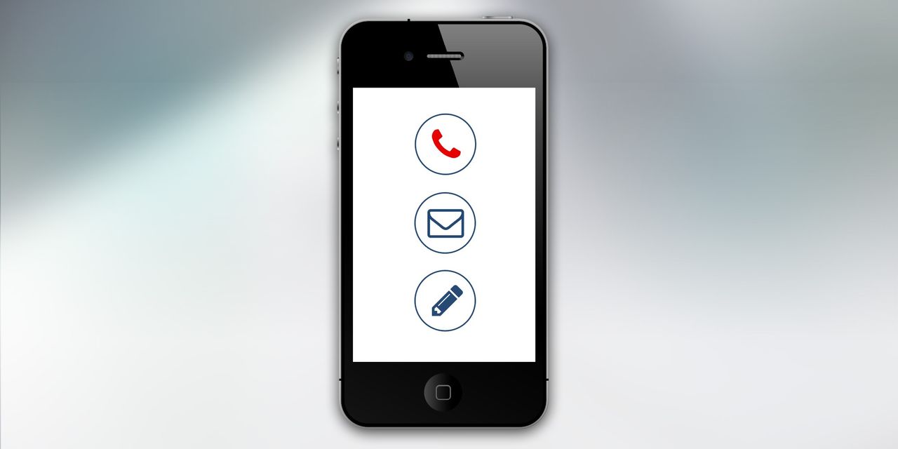 Smartphone displaying communication icons for calls, email, and messaging on the screen.